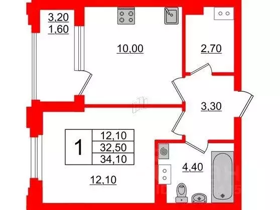 Квартира, 1 комната, 34.1 м - Фото 0