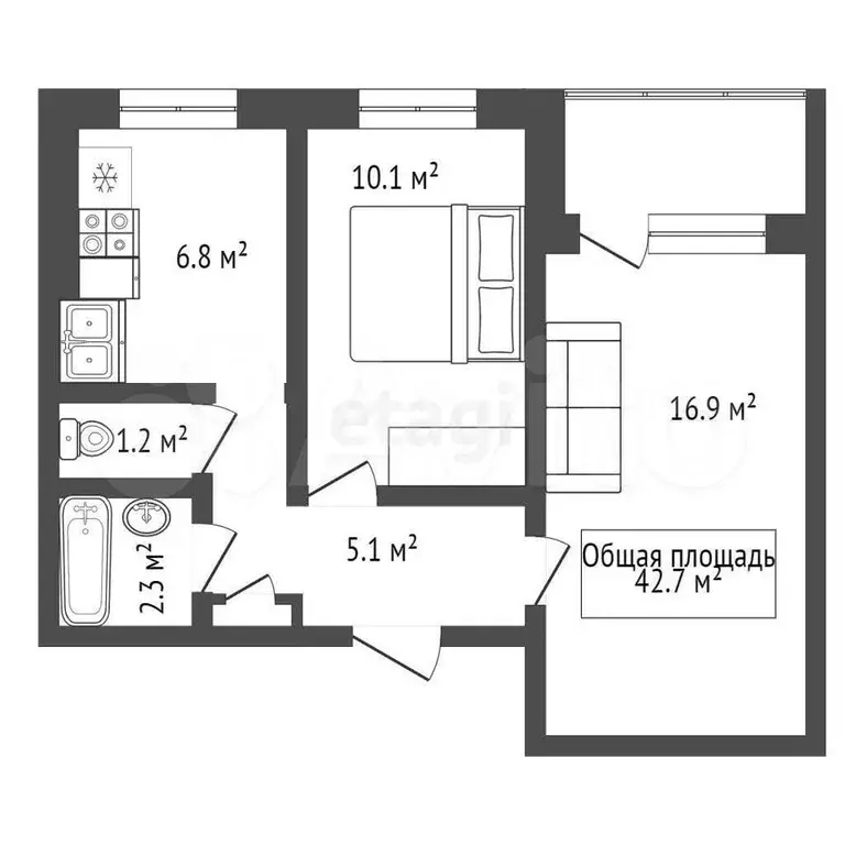 2-к. квартира, 42,7 м, 7/9 эт. - Фото 1