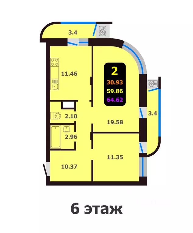 2-к кв. Чувашия, Чебоксары Эгерский бул., поз50 (64.62 м) - Фото 0