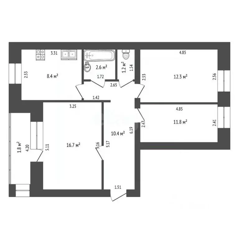 3-к кв. Тамбовская область, Тамбов ул. Рылеева, 75к3 (63.4 м) - Фото 2