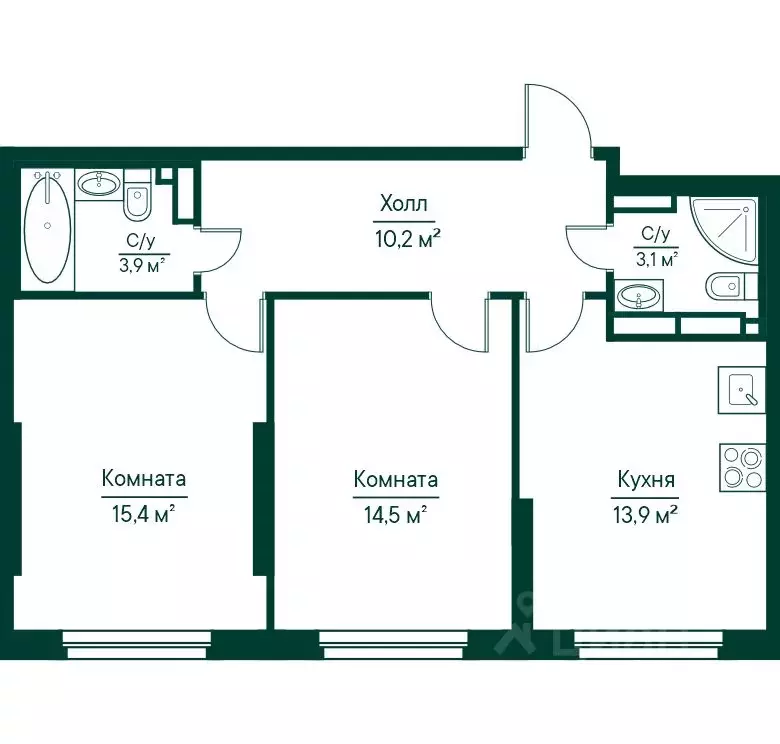 2-к кв. Самарская область, Самара Грин Ривер жилой комплекс (61.03 м) - Фото 1