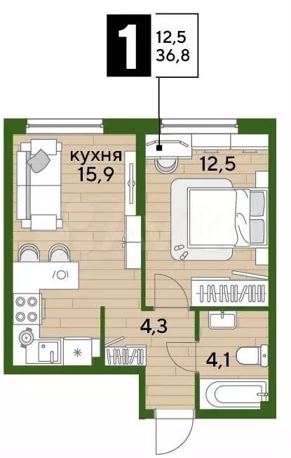 1-к. квартира, 36,8 м, 2/16 эт. - Фото 1