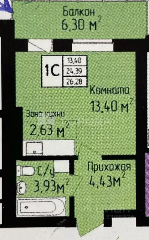 Студия Новосибирская область, Новосибирск ул. Аэропорт, 55/1 (26.28 м) - Фото 2