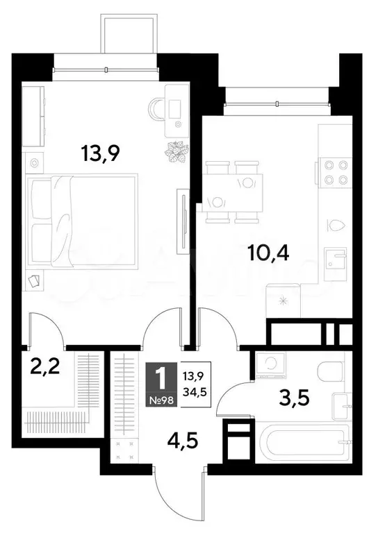 1-к. квартира, 34,5 м, 9/21 эт. - Фото 0