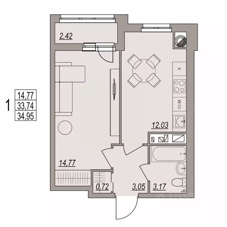 1-к кв. Волгоградская область, Волгоград ул. Дымченко, 9 (34.95 м) - Фото 1