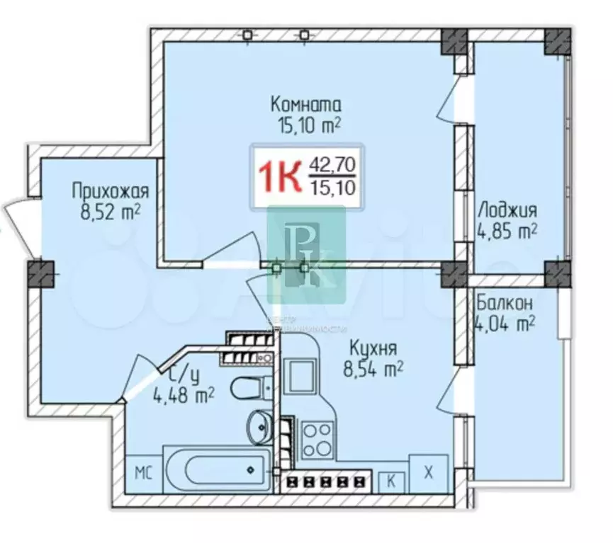 1-к. квартира, 44 м, 5/5 эт. - Фото 1