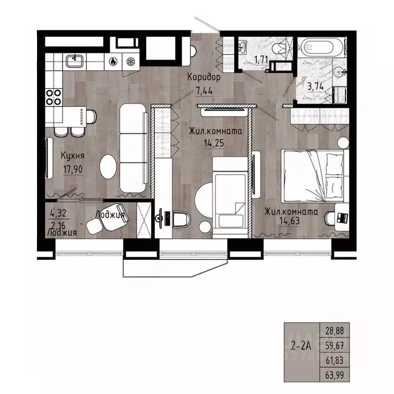 2-к кв. Хабаровский край, Хабаровск Волочаевская ул., 156 (61.83 м) - Фото 1