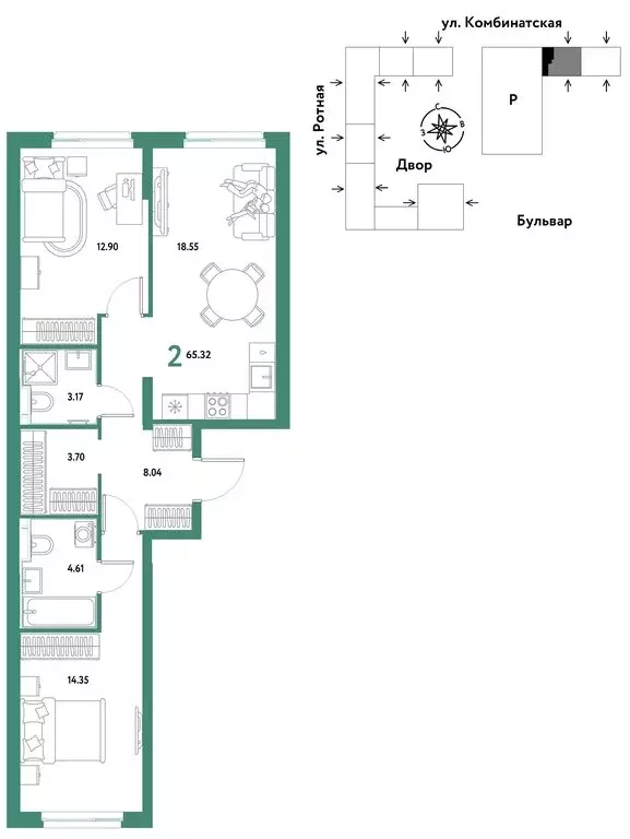 2-комнатная квартира: Екатеринбург, Ленинский район (65.32 м) - Фото 1