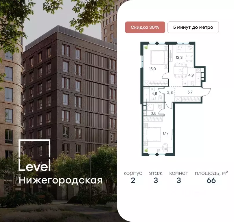 3-к кв. Москва Левел Нижегородская жилой комплекс, 2 (66.0 м) - Фото 0