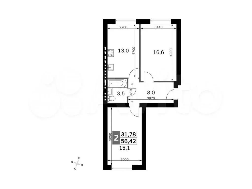 2-к. квартира, 56,4м, 4/4эт. - Фото 0