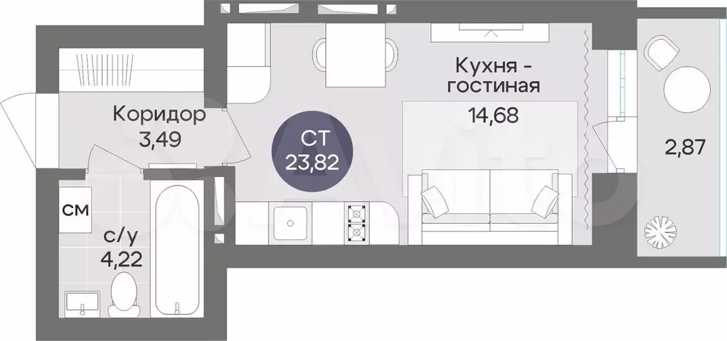 Квартира-студия, 23,8 м, 2/15 эт. - Фото 0