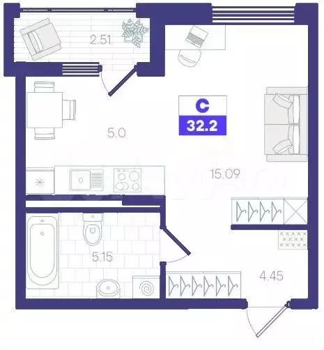 Квартира-студия, 32 м, 3/9 эт. - Фото 1