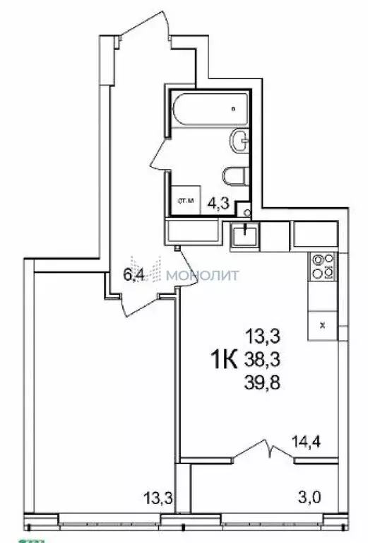 1-комнатная квартира: деревня Анкудиновка, Черкесская улица, 17 (39.8 ... - Фото 0