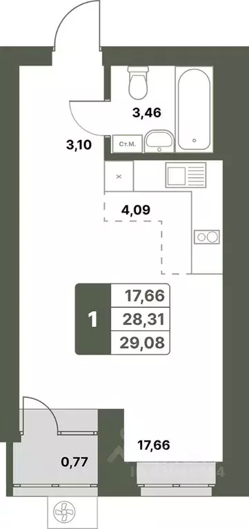 1-к кв. Башкортостан, Уфимский район, с. Миловка  (29.08 м) - Фото 0