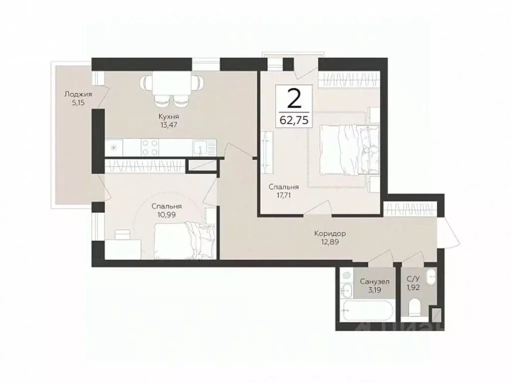 2-к кв. Самарская область, Самара  (62.75 м) - Фото 1