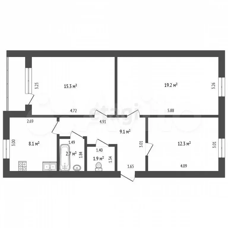 3-к. квартира, 65,4 м, 8/9 эт. - Фото 0