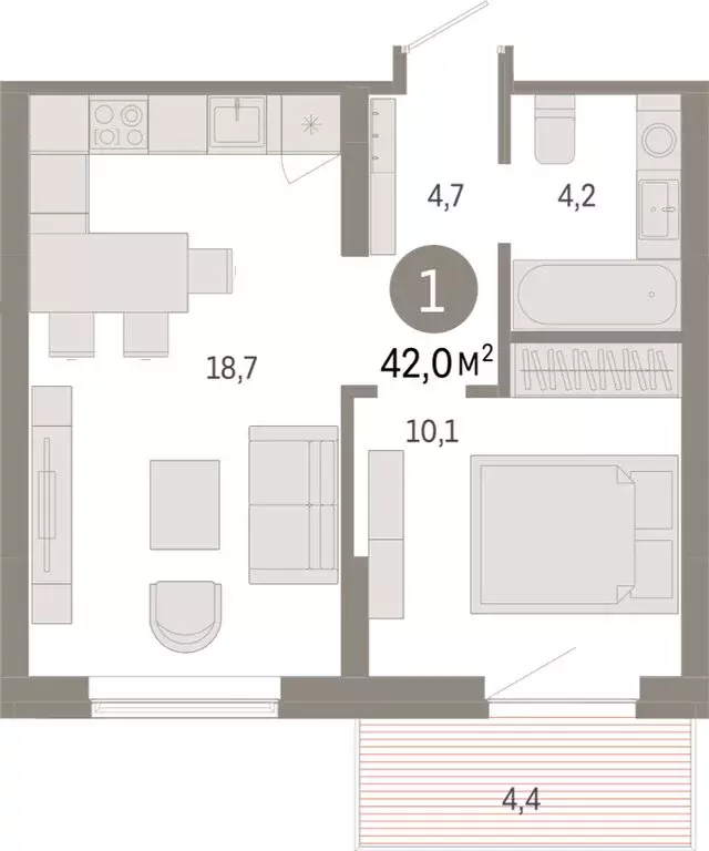 1-комнатная квартира: Омск, Кировский округ (41.99 м) - Фото 1
