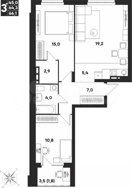 3-к. квартира, 66,1 м, 7/9 эт. - Фото 0