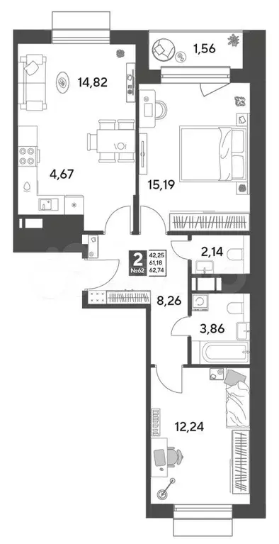 2-к. квартира, 62,7 м, 5/9 эт. - Фото 0