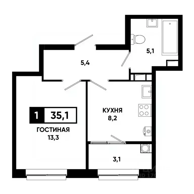 1-к кв. Ставропольский край, Ставрополь просп. Российский, 16 (35.1 м) - Фото 1