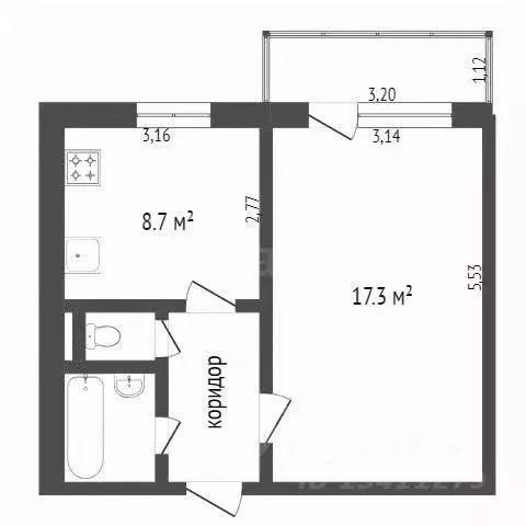 1-к кв. Белгородская область, Белгород ул. Щорса, 55а (35.0 м) - Фото 2