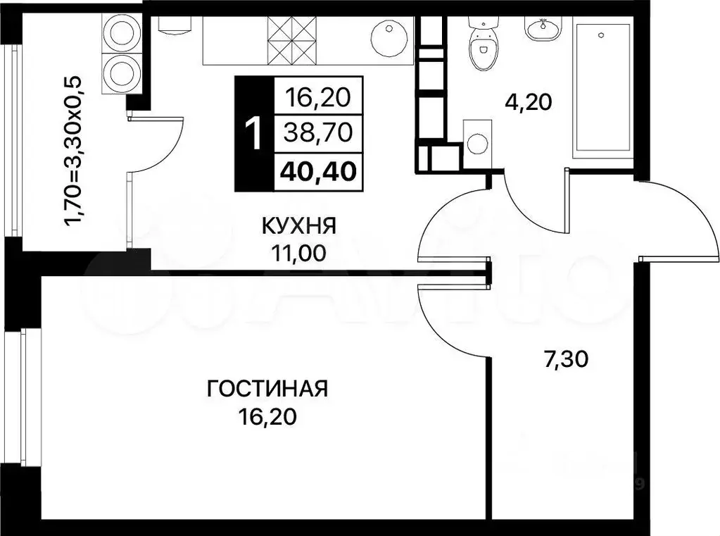 1-к. квартира, 40 м, 8/18 эт. - Фото 0