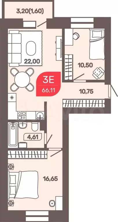 3-к. квартира, 66,1 м, 1/9 эт. - Фото 0