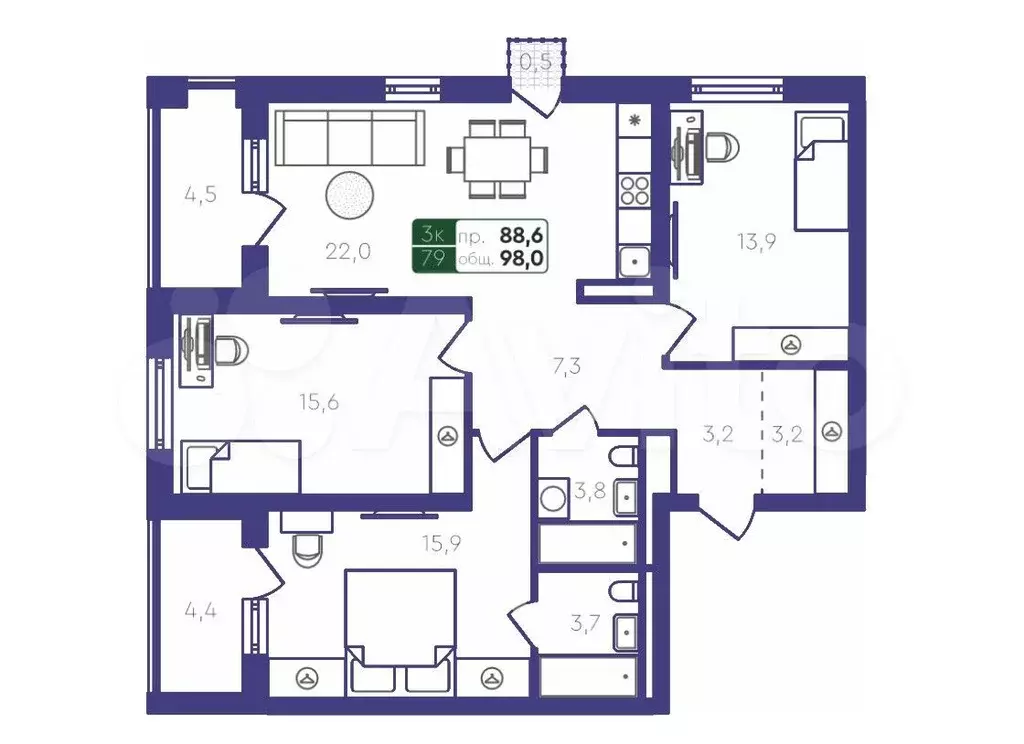 3-к. квартира, 98 м, 3/4 эт. - Фото 0