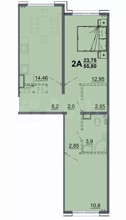 2-к. квартира, 55,8 м, 2/15 эт. - Фото 0