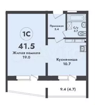 1-к. квартира, 41,5 м, 8/17 эт. - Фото 0