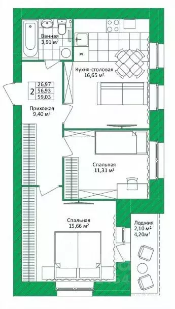 2-к кв. Ярославская область, Ярославль Чернопрудная ул., 35 (59.03 м) - Фото 2