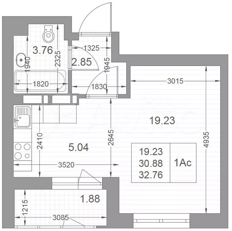 квартира-студия, 32,8 м, 9/10 эт. - Фото 1