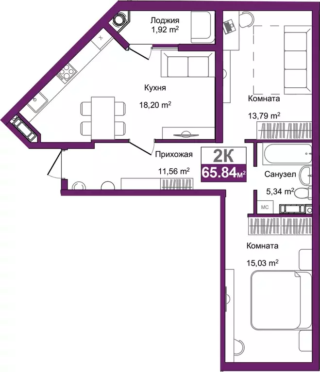 2-к квартира, 65.84 м - Фото 0