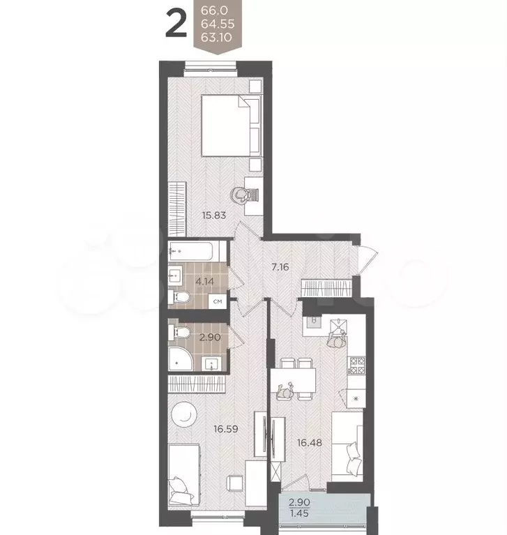 2-к. квартира, 64,6 м, 8/9 эт. - Фото 1