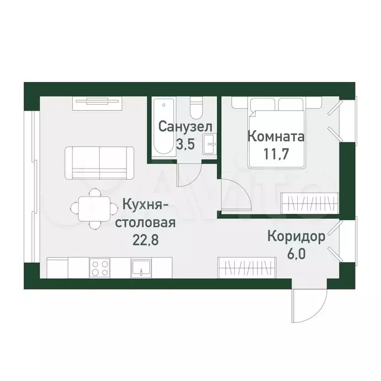 1-к. квартира, 43,1 м, 2/3 эт. - Фото 0