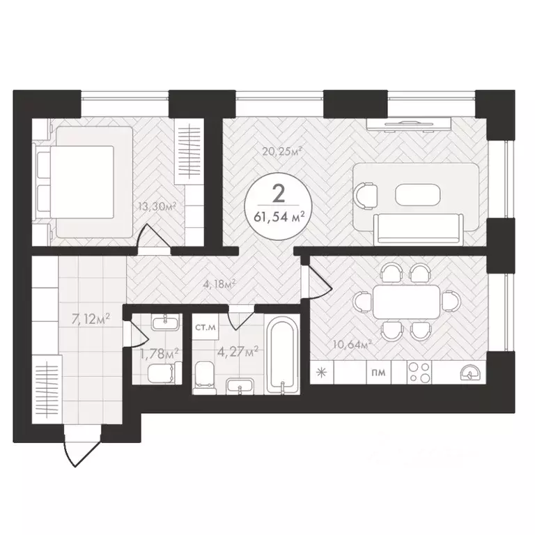 2-к кв. Башкортостан, Уфа Южный-2 мкр,  (61.54 м) - Фото 0