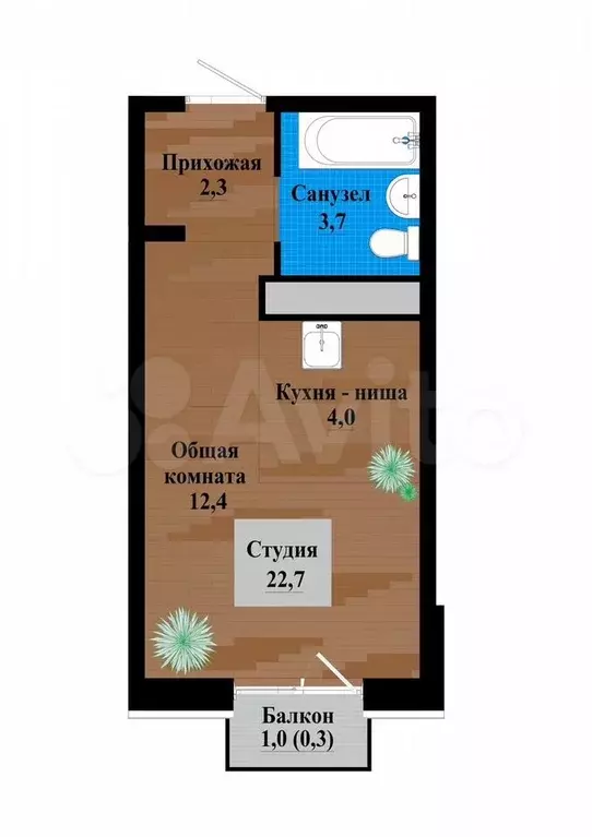 Квартира-студия, 22,8 м, 4/12 эт. - Фото 0