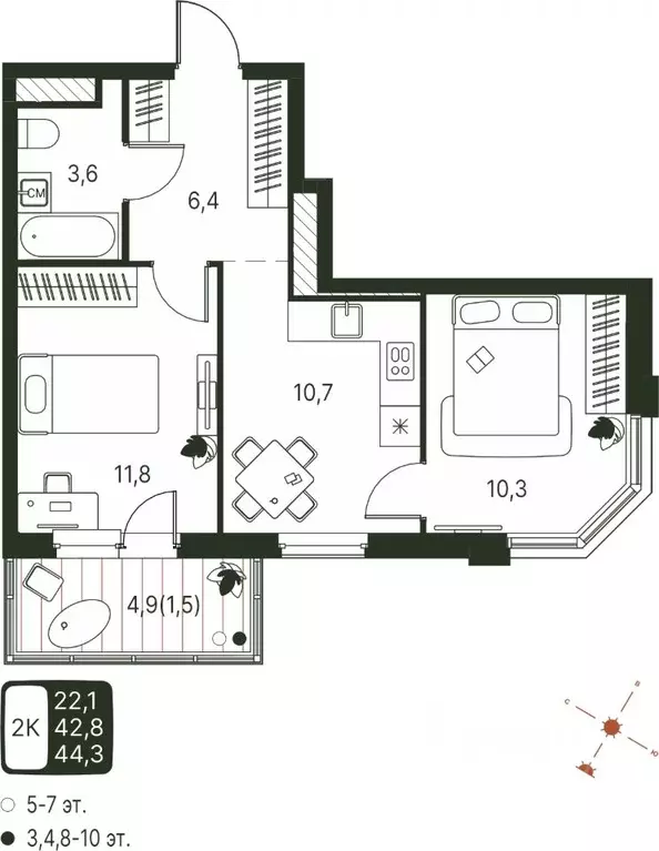 2-к кв. Пермский край, Пермь ул. Серебристая, 1 (44.3 м) - Фото 1