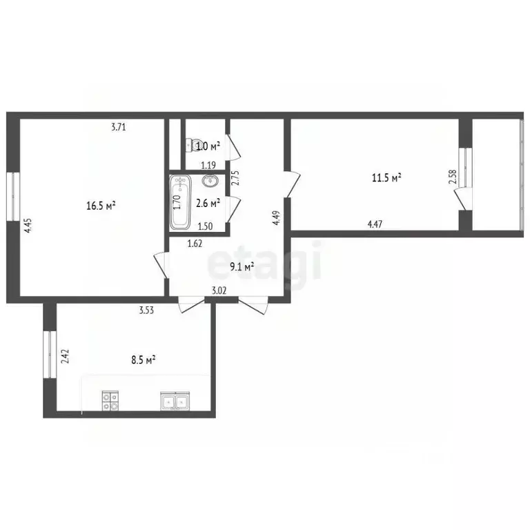 2-к кв. Калининградская область, Калининград ул. Гайдара, 135 (49.8 м) - Фото 2