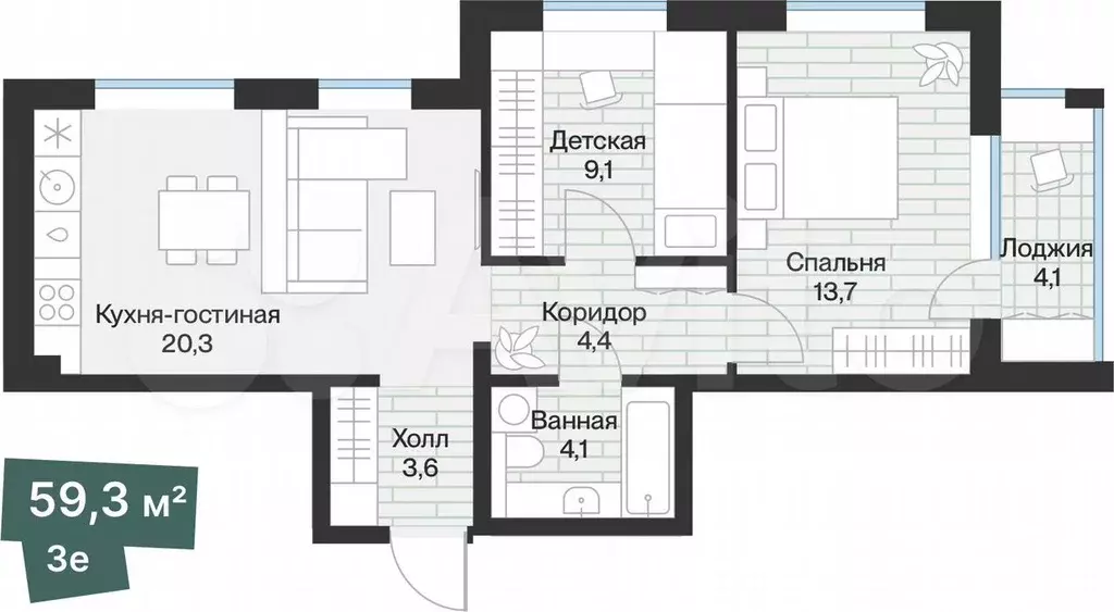 2-к. квартира, 57,2 м, 2/4 эт. - Фото 1