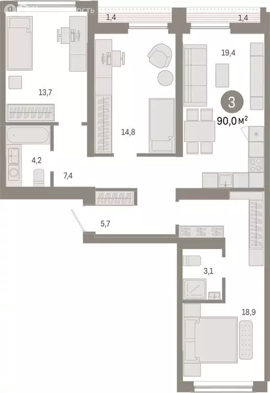 3-комнатная квартира: Новосибирск, Большевистская улица, с49 (89.96 м) - Фото 1