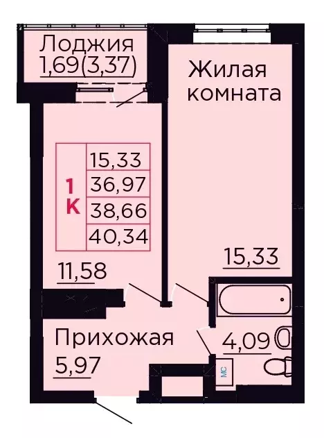 1-к квартира, 38.66 м - Фото 0