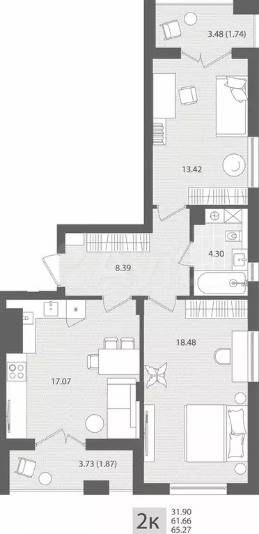 2-к. квартира, 65,3 м, 1/7 эт. - Фото 1