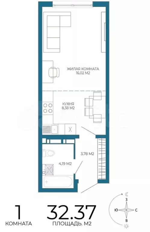 Квартира-студия, 32,4 м, 7/17 эт. - Фото 0