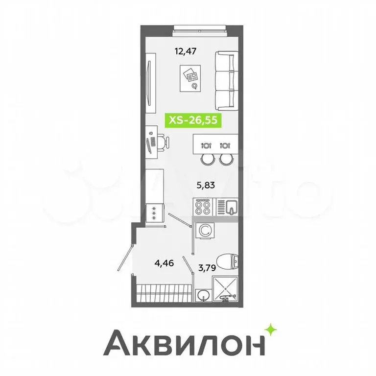 Квартира-студия, 26,6 м, 1/12 эт. - Фото 1