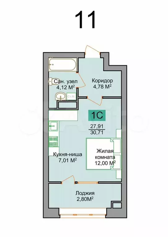 Квартира-студия, 30,7 м, 5/9 эт. - Фото 0
