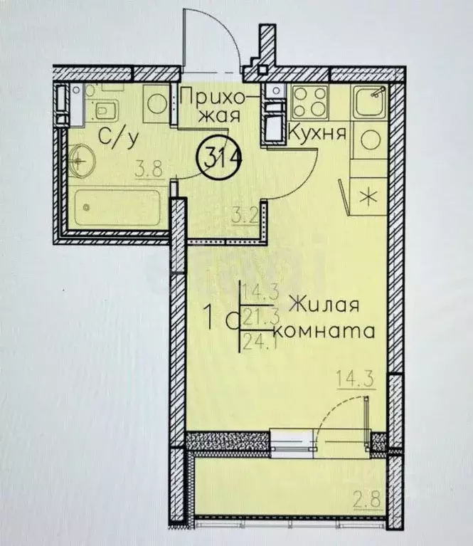 Студия Саратовская область, Энгельс Энгельс-9 мкр, 2 (24.1 м) - Фото 2