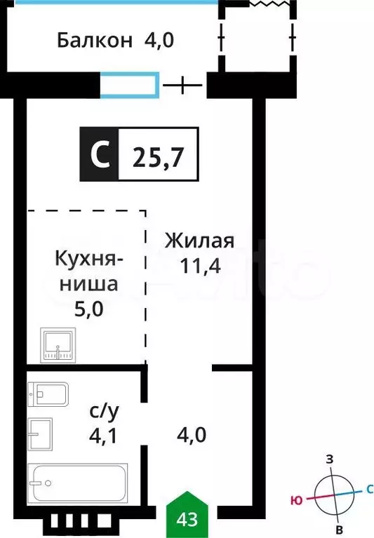 Квартира-студия, 25,7 м, 5/6 эт. - Фото 0
