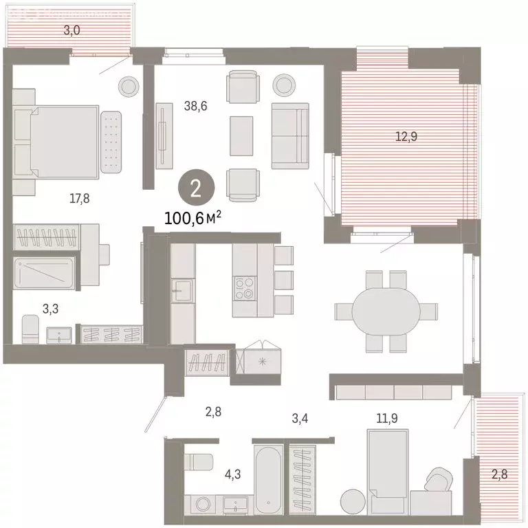 2-комнатная квартира: Тюмень, улица Республики, 205к3 (100.59 м) - Фото 1