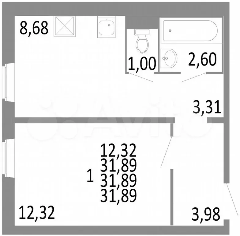 1-к. квартира, 31,9 м, 2/10 эт. - Фото 0
